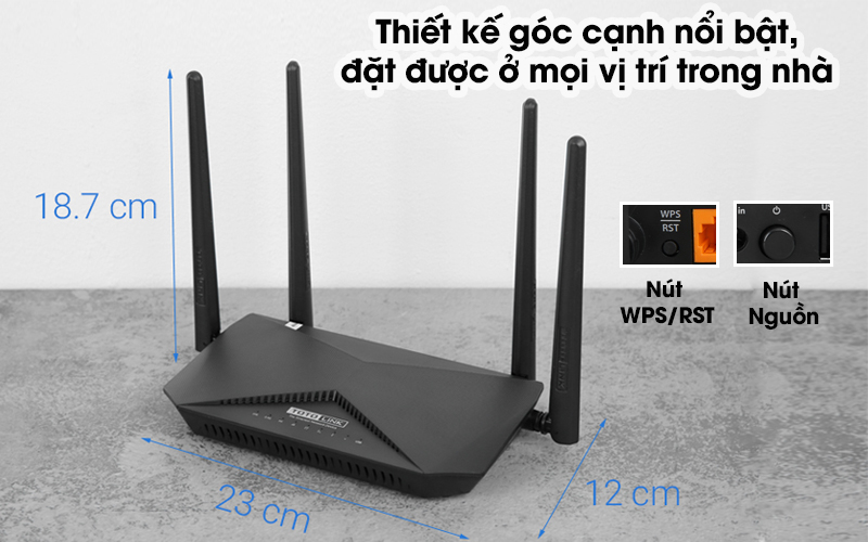 Router Wifi Chuẩn AC1200 Băng Tần Kép Totolink A3002RU V2 Đen - Kiểu dáng hầm hố, nổi bật